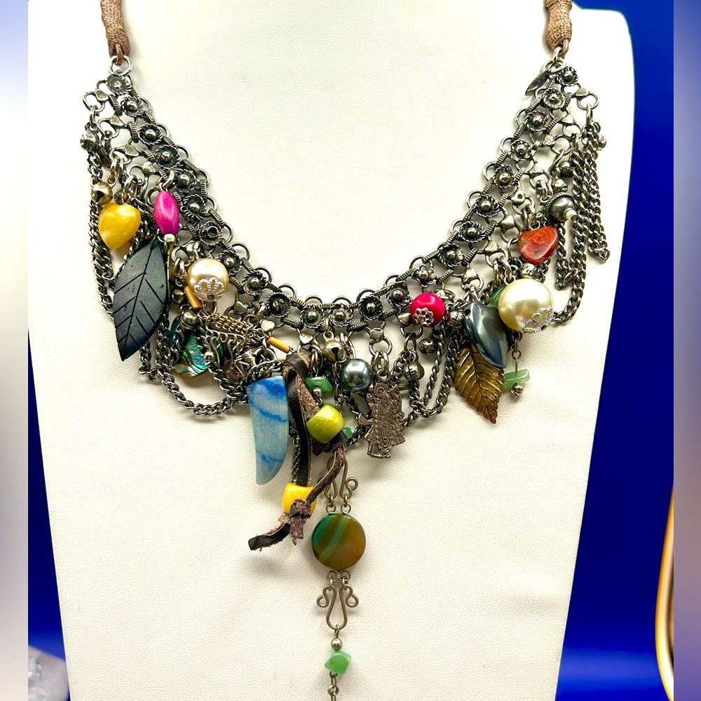 MAWI LONDON charm swag silver tone necklace heavy, substantial